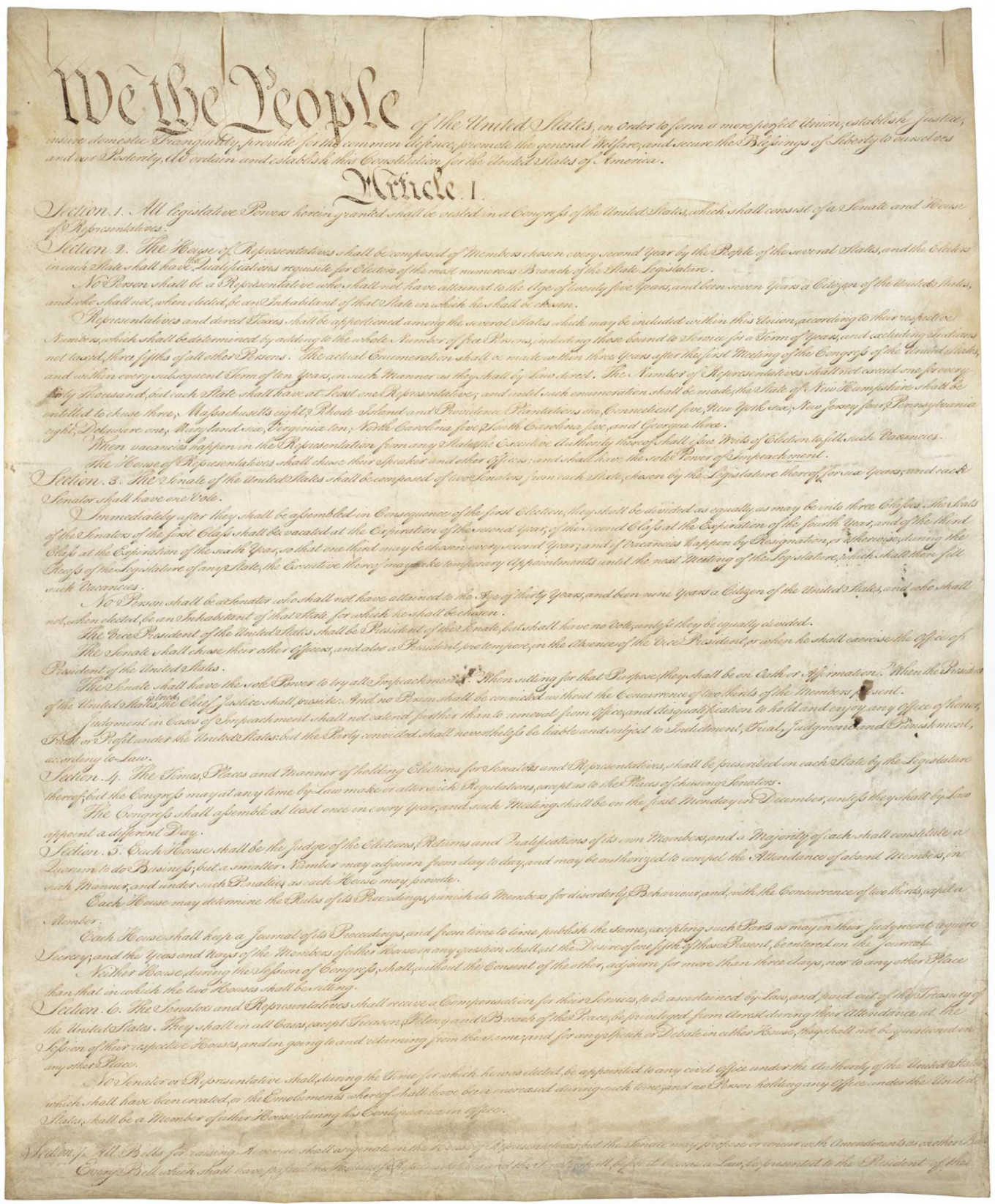 				Первая страница подлинника конституции США, о более совершенном союзе сказана в самом первом абзаце				 							