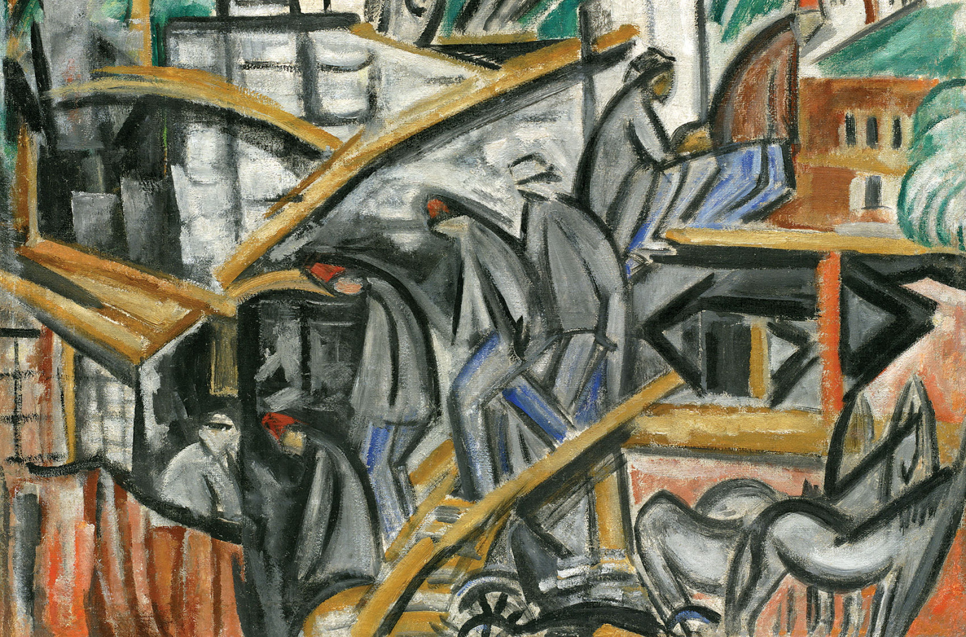 Ольга Розанова. Постройка дома (постройка завода). Фрагмент. 1913. Холст, масло. Самарский областной художественный музей